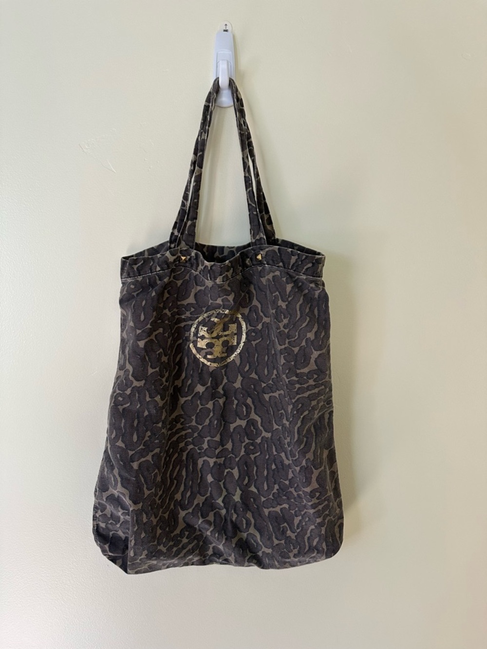 Tory Burch Black and Brown Leopard Canvas Tote with Gold Logo